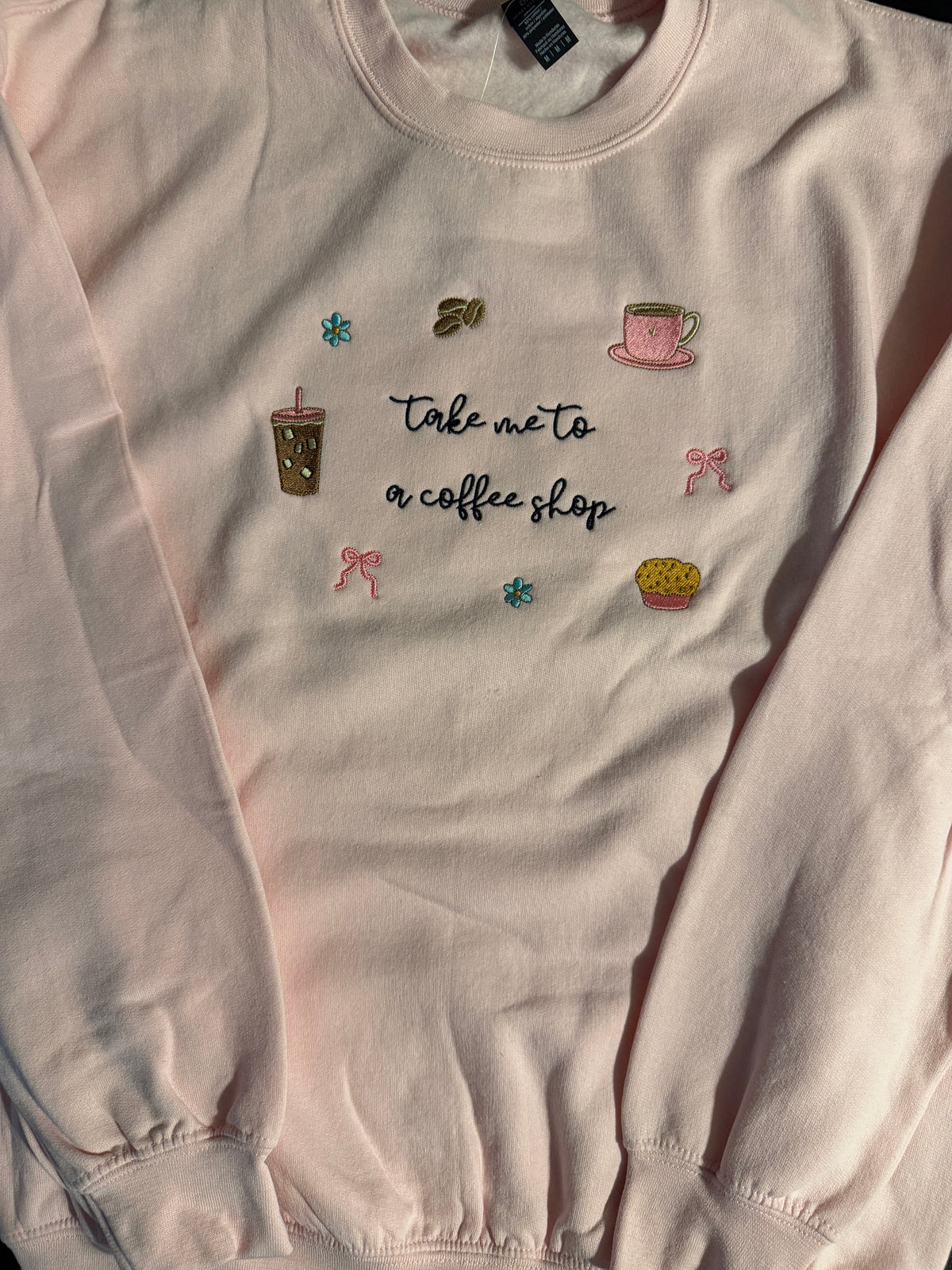Embroidered Coffee Sweatshirt, Coquette Pink Bow Crewneck, Cute Coffee Lover Gift