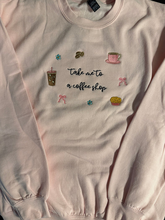 Embroidered Coffee Sweatshirt, Coquette Pink Bow Crewneck, Cute Coffee Lover Gift