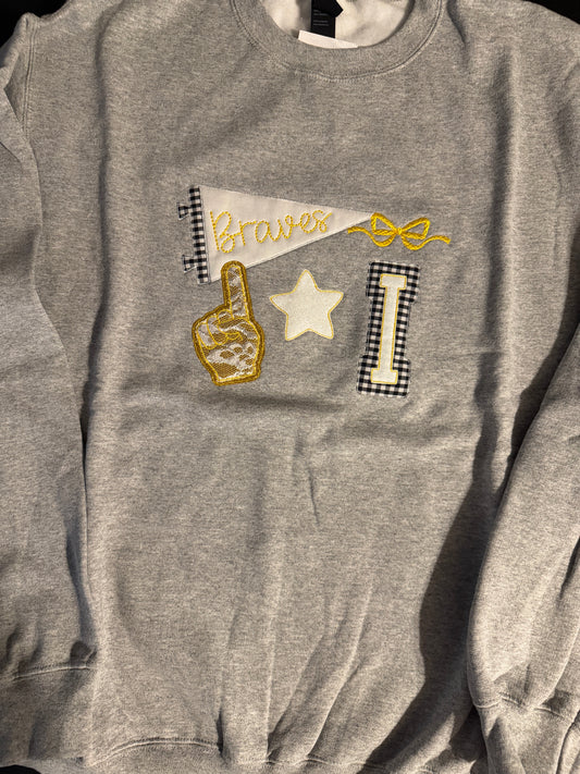 Iroquois Braves Sweatshirt, Embroidered Game Day Crewneck, Black and Gold School Spirit Pullover