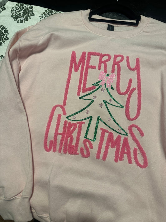 Merry Christmas Fluffy Sweatshirt, Gildan, Light Pink