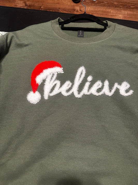 Believe Fluffy Sweatshirt, Gildan, Military Green