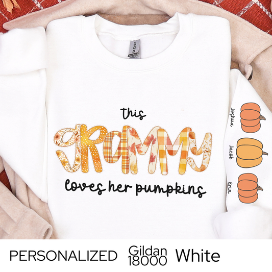 Personalized Grandma Pumpkin Sweatshirt, Custom Fall Crewneck with Grandkids’ Names, Thanksgiving Gift for Nana, Mimi, Grammy