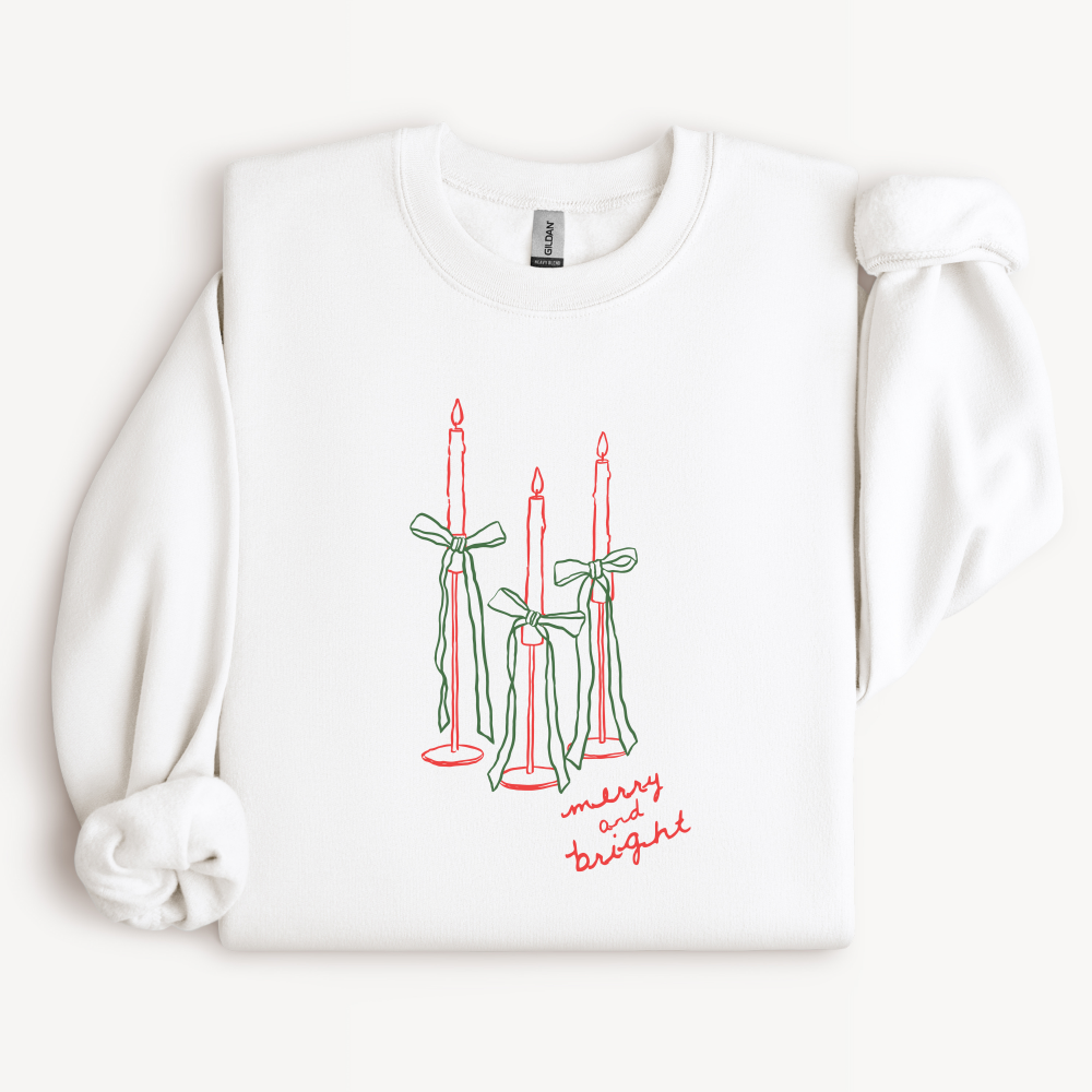 Merry and Bright Candle Sweatshirt | Green Bow Christmas Crewneck