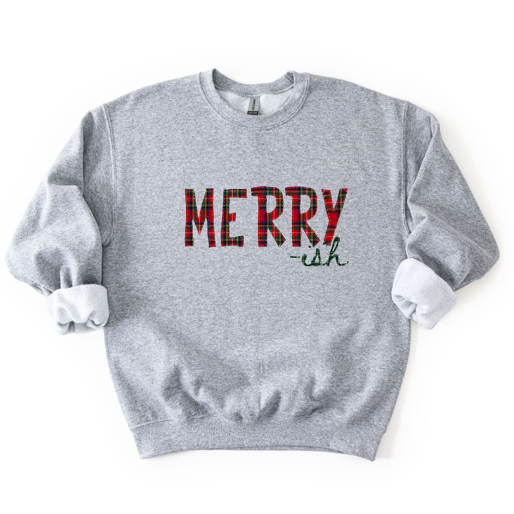 Merry-ish Plaid Christmas Sweatshirt & Tee | Red Green Tartan Holiday Shirt