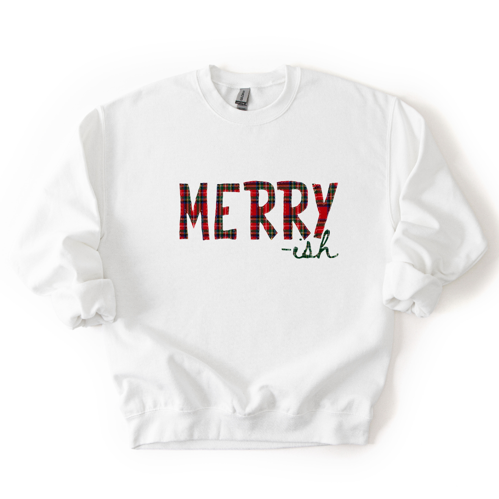 Merry-ish Plaid Christmas Sweatshirt & Tee | Red Green Tartan Holiday Shirt