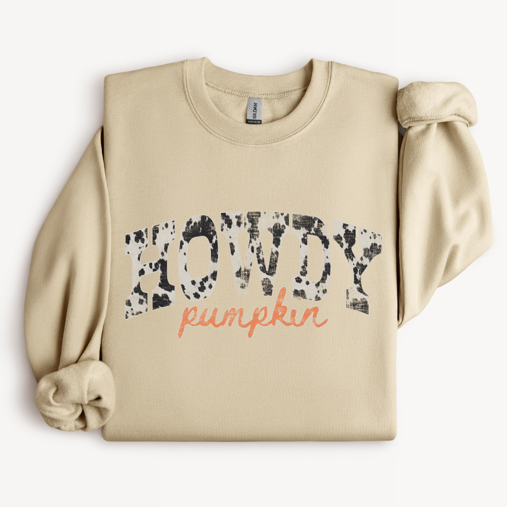 Howdy Pumpkin Crewneck Sweatshirt | Western Cow Print Fall Design