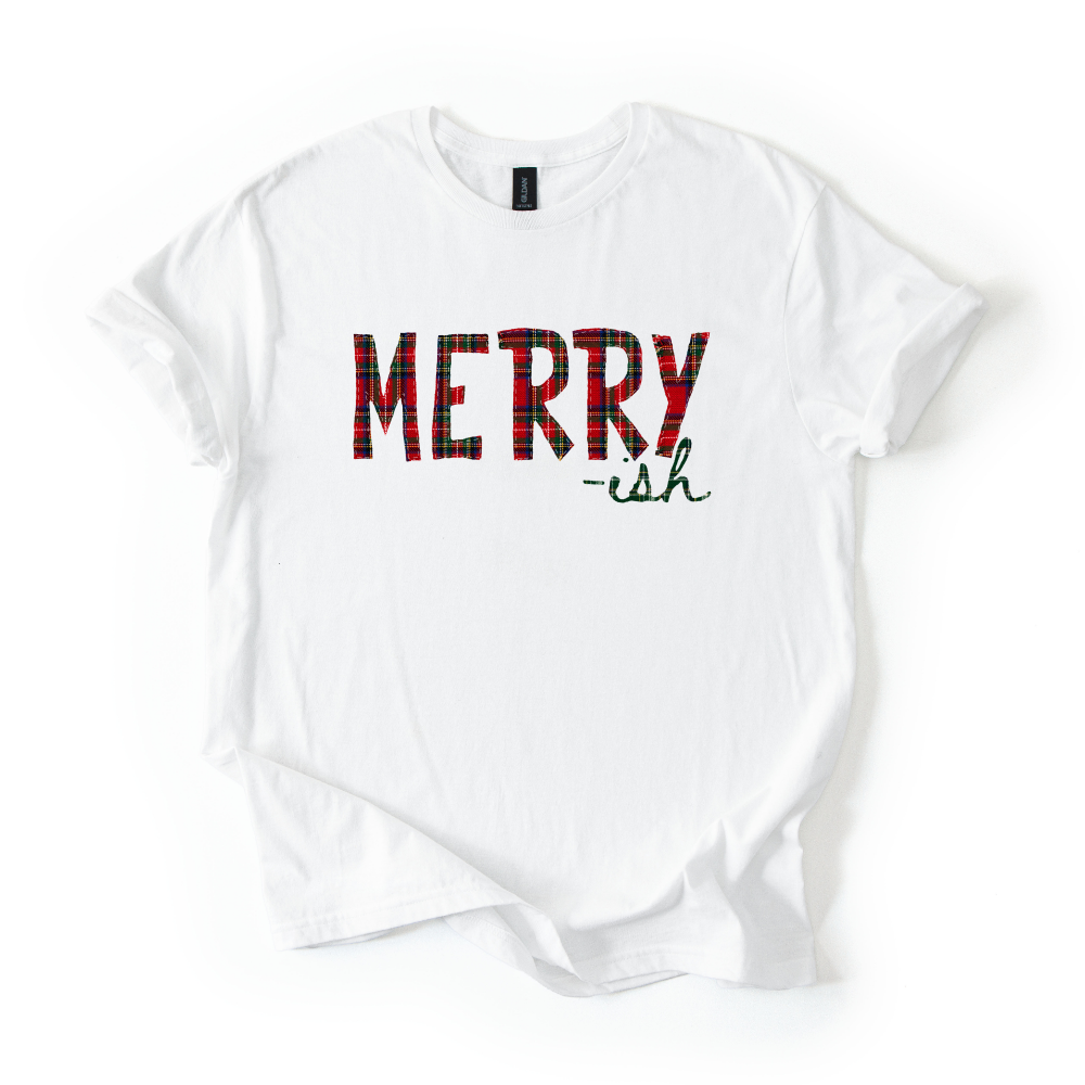 Merry-ish Plaid Christmas Sweatshirt & Tee | Red Green Tartan Holiday Shirt