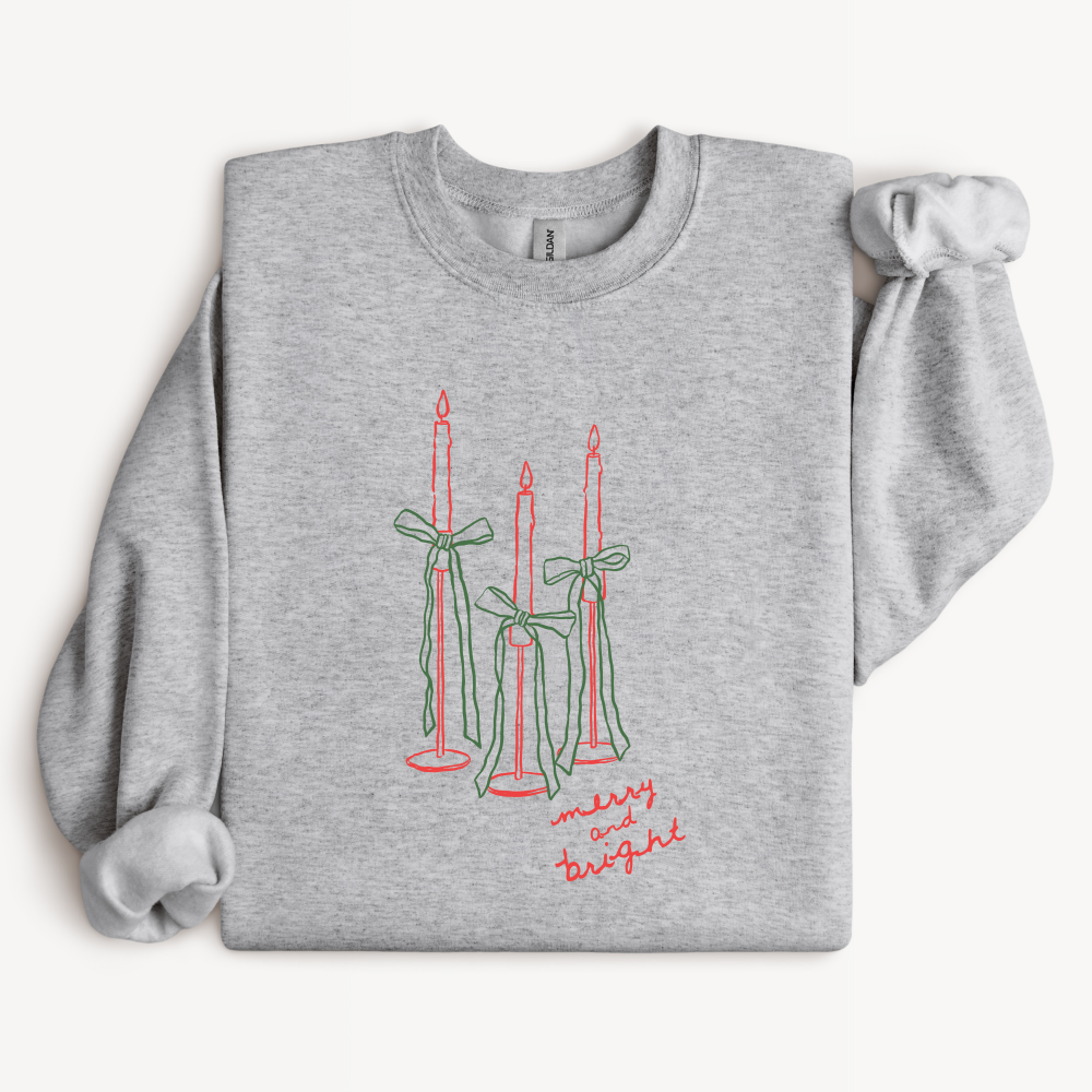 Merry and Bright Candle Sweatshirt | Green Bow Christmas Crewneck