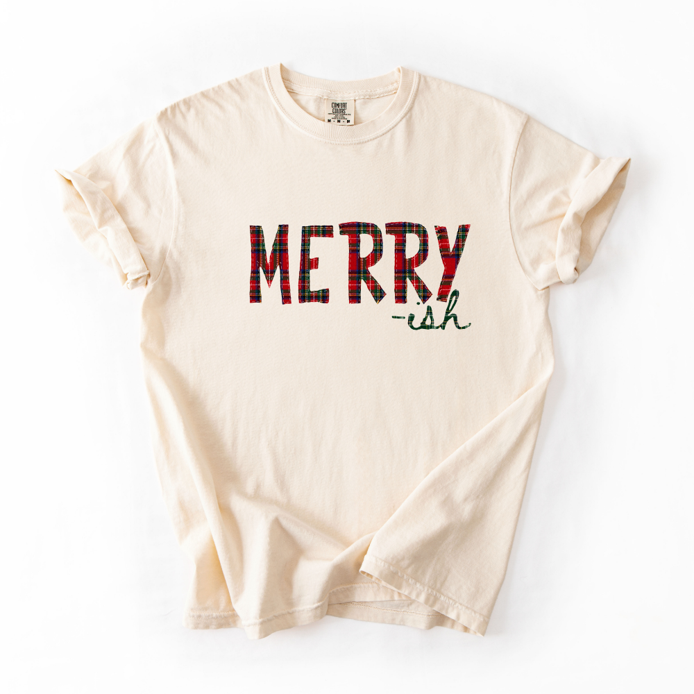 Merry-ish Plaid Christmas Sweatshirt & Tee | Red Green Tartan Holiday Shirt