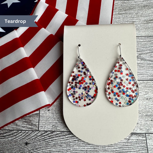 Patriotic Earrings, 4th of July Earrings, USA Glitter, Stars and Stripes, Freedom, Independence Day, Red White and Blue Earrings