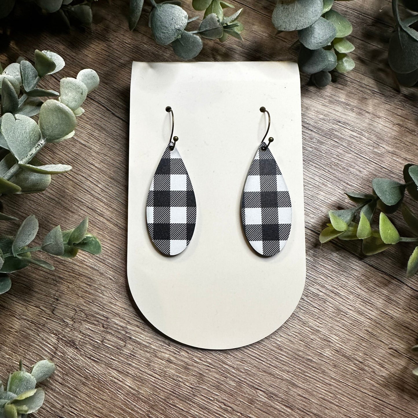 Buffalo Plaid Earrings, Black and White Dangle Earrings, Lightweight Dangle Earrings, Christmas Gift, Plaid Jewelry, Gift for Her