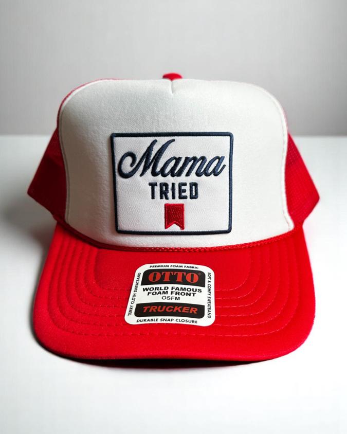 Mama Tried Trucker Hat, Red and White Foam Snapback, Funny Beer Logo Patch Hat, Retro Country Mama Cap, Embroidered Otto Mesh Hat