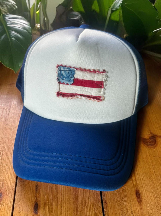 Quilted Flag Trucker Hat, Patriotic Foam Cap, One of a Kind USA Hat, Thrifted Fabric Patch Hat, Fourth of July Mesh Hat