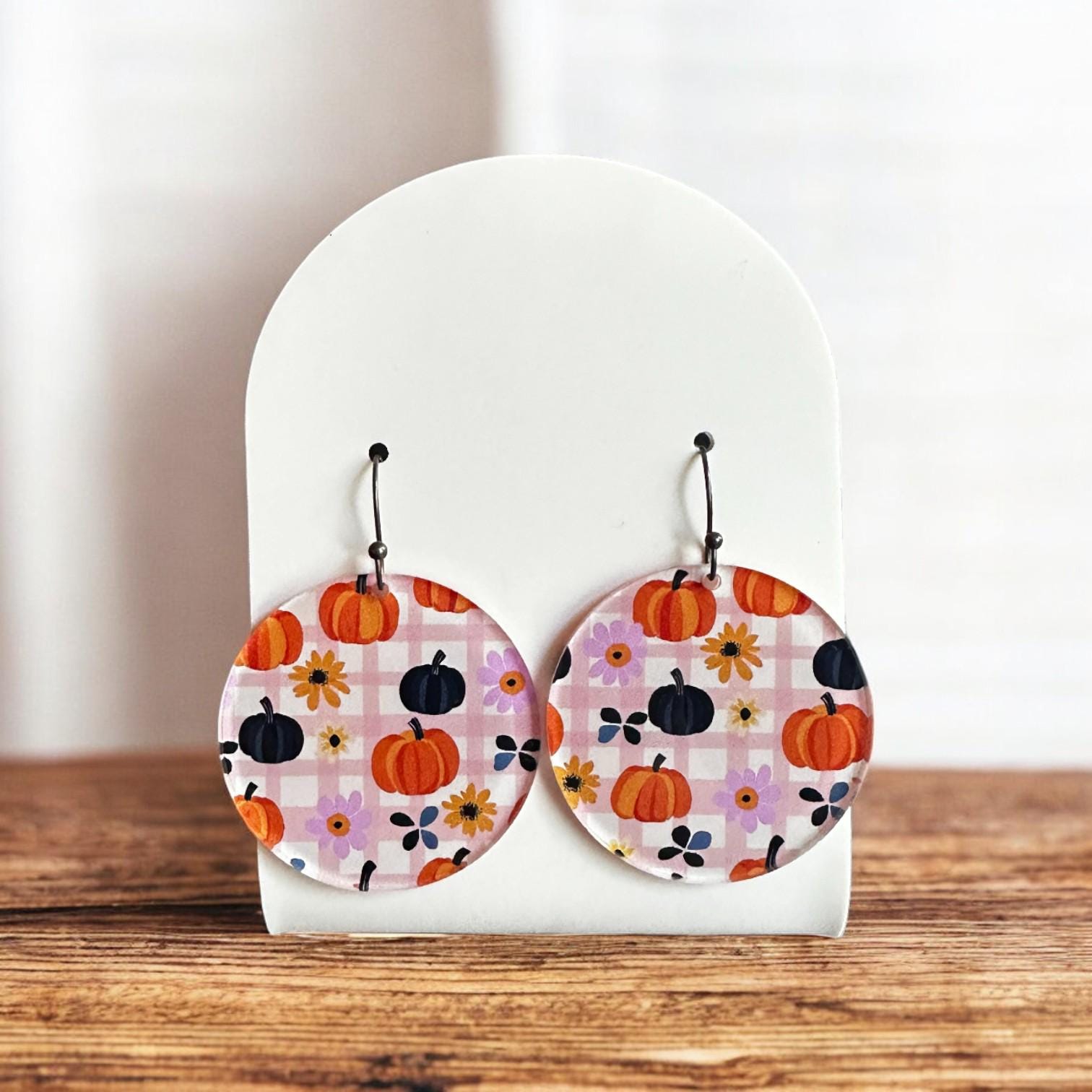 Pumpkin plaid earrings, fall dangle earrings, Halloween drop earrings, autumn statement jewelry, lightweight acrylic earrings