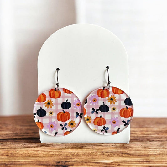 Pumpkin plaid earrings, fall dangle earrings, Halloween drop earrings, autumn statement jewelry, lightweight acrylic earrings